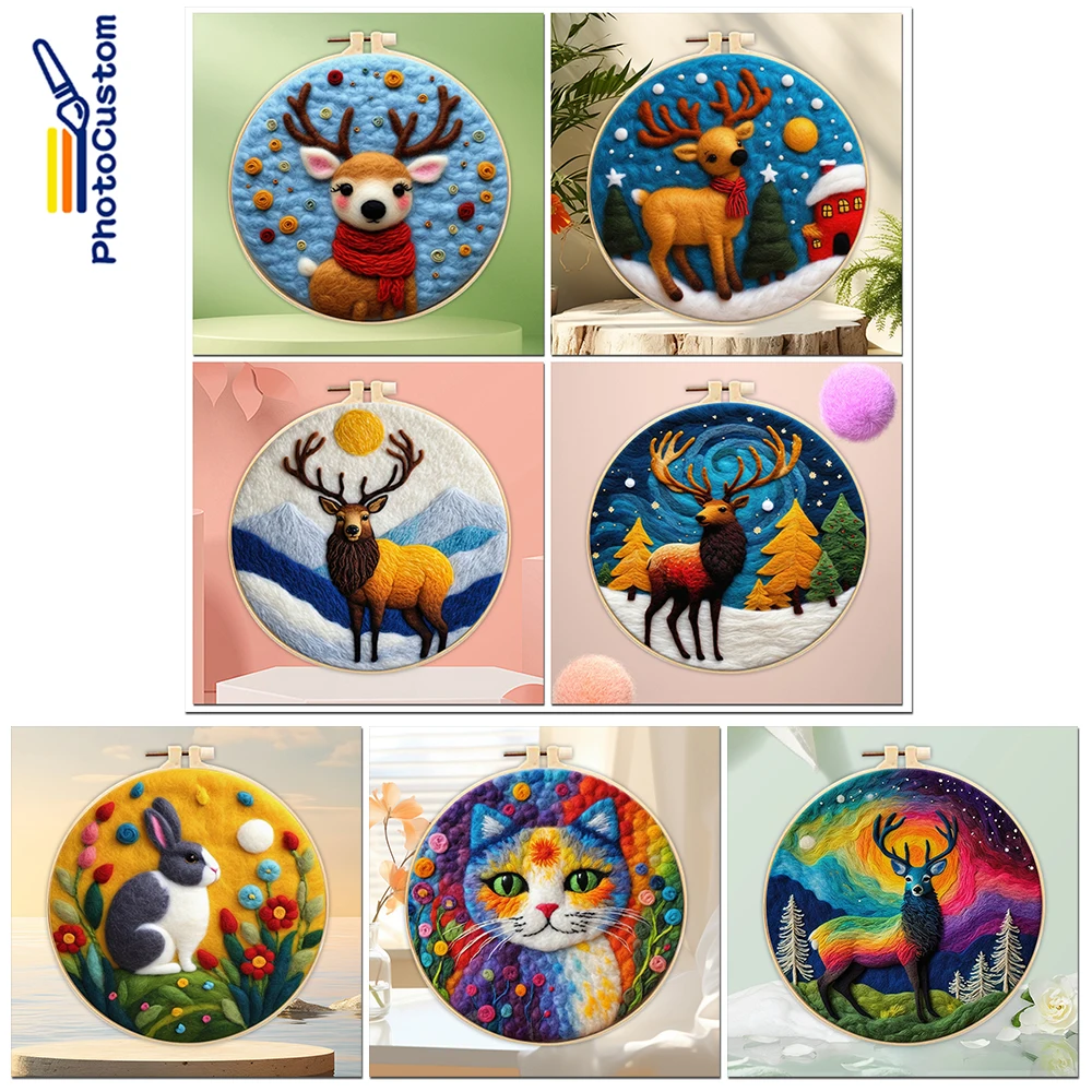 

PhotoCustom Christmas Funny Wool Felt Painting Kit Handmade Needle Felt Painting Animal Deer DIY Handicraft Hobby Gift Wholesale