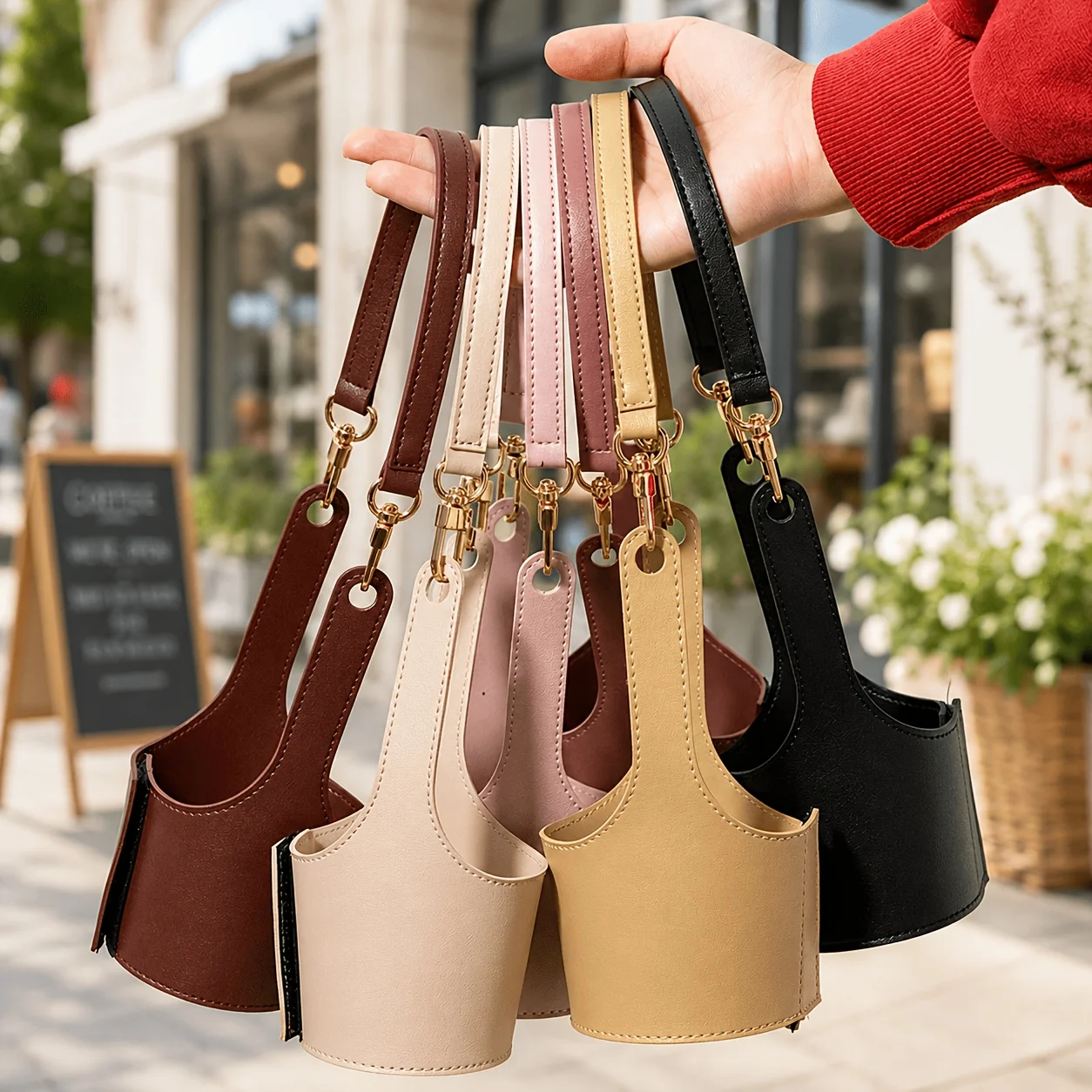 Coffee Cup Holder, Tea Cup Protective Sleeve, PU Leather Cover, Travel Water Bottle Sling Bag with Adjustable Strap