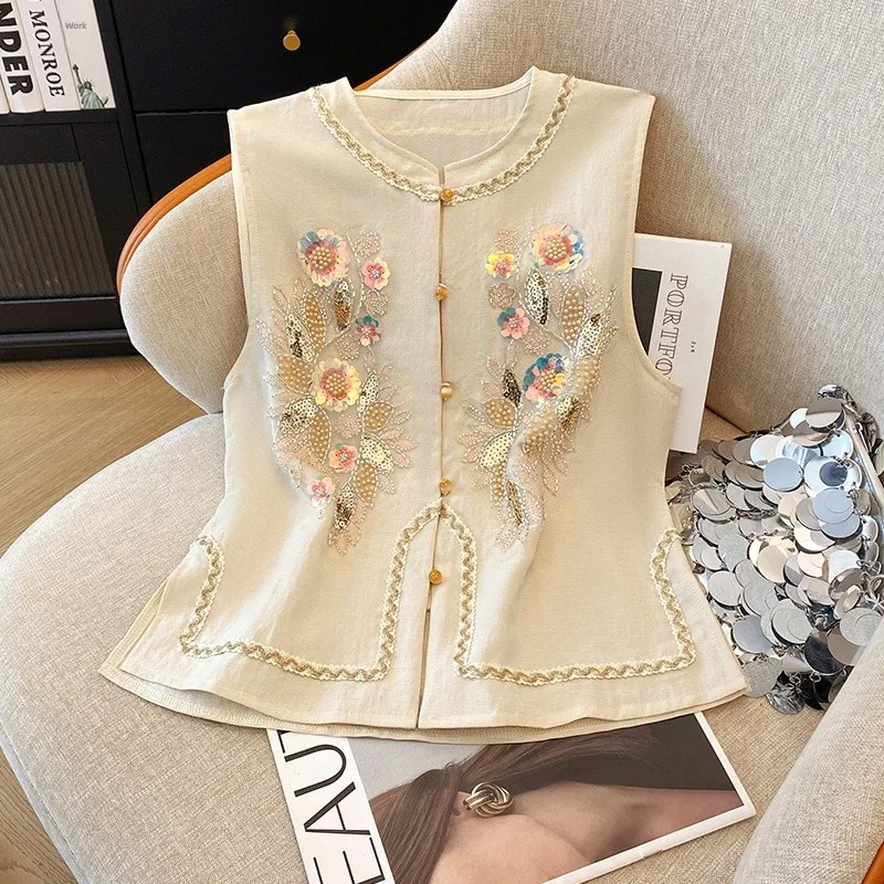 

Faionable ort New Sle Casual Heavy Embroidery New Chinese National Sle Gown Buttonl Svel Vest Diamond Embell...