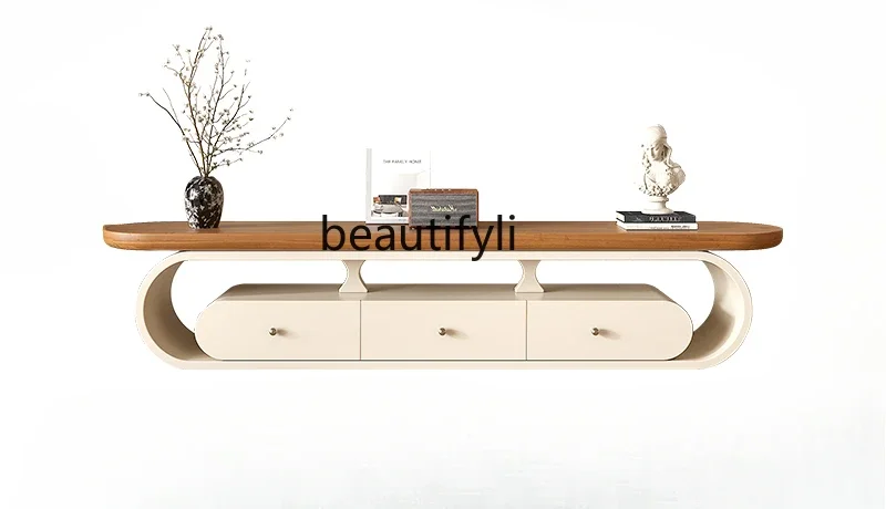 Log cream wind TV cabinet coffee table combination living room household solid wood floor TV cabinet