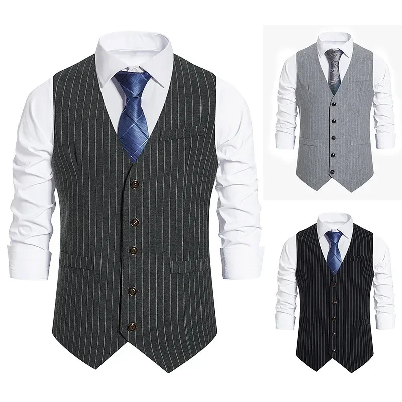 

Men New Vests Suits V Neck Striped Single Breasted Sleeveless Slim Fit Blazer Vest Coats Splice Casual Regular Coat Autumn 2025