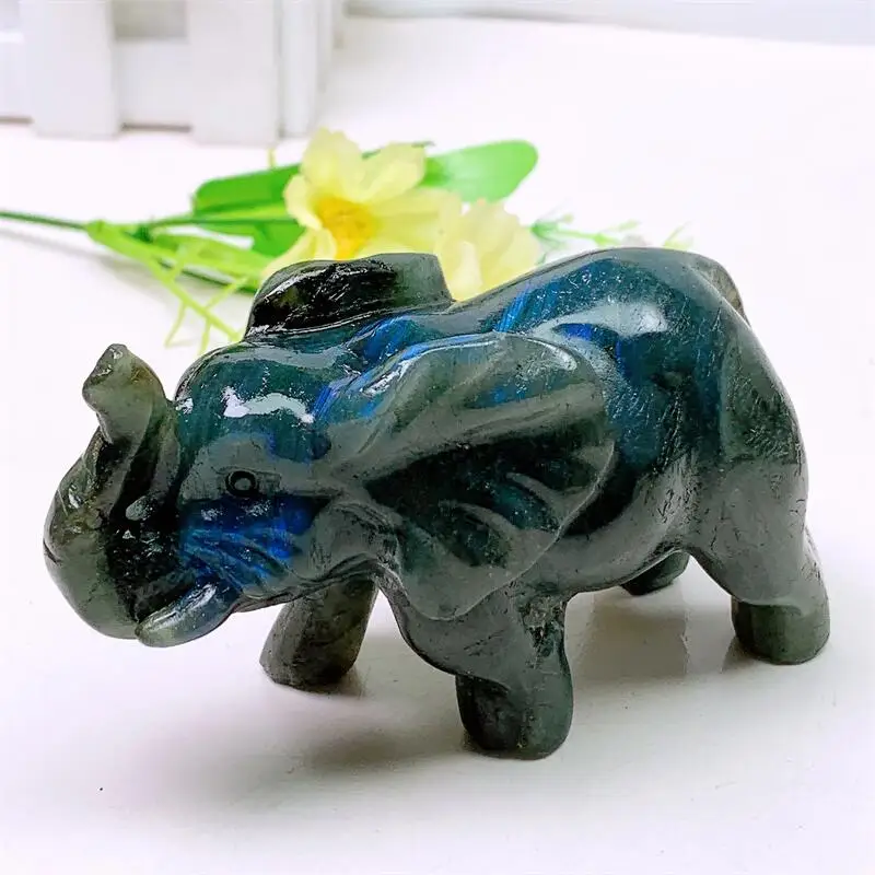 Natural Labradorite Elephant for Room Decoration, Healing Crystal, Animal Figurine, Reiki Carved Stones, Gift, 1Pc