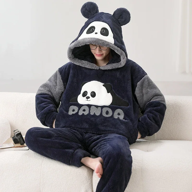 Winter Couples Pajamas Set Women Men Sleepwear Thick Cartoon Panda Kawaii Adult Anime Pyjamas Korean Hooded Suits Night Homewear