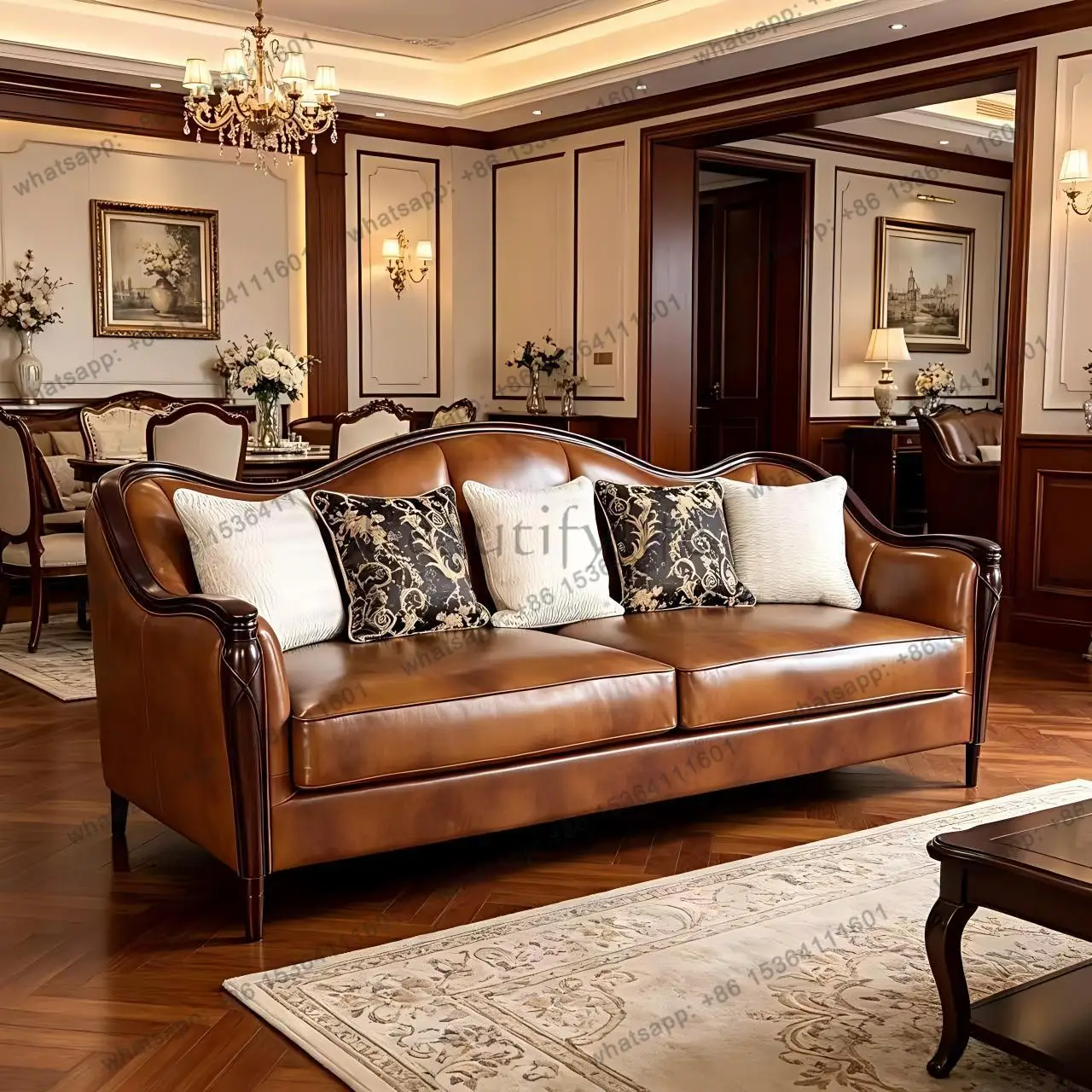 Medieval retro American French all-solid wood leather sofa three-person small apartment
