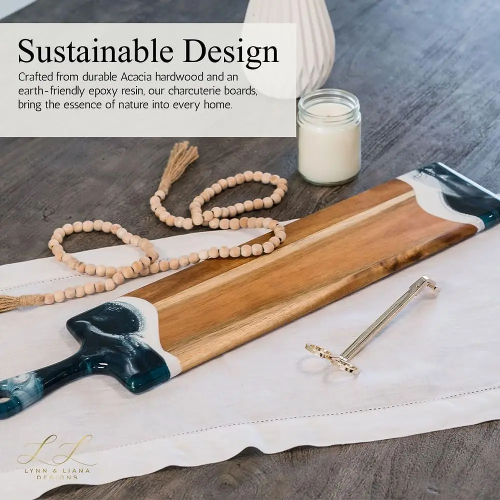 เขียงชีสไม้กระถินเทศสีน้ำเงินกรมท่าและสีขาวผสมเรซิ่น |   เขียงเสิร์ฟชาร์กูเตอรีสุดหรู ทำด้วยมือ |   5 x 24