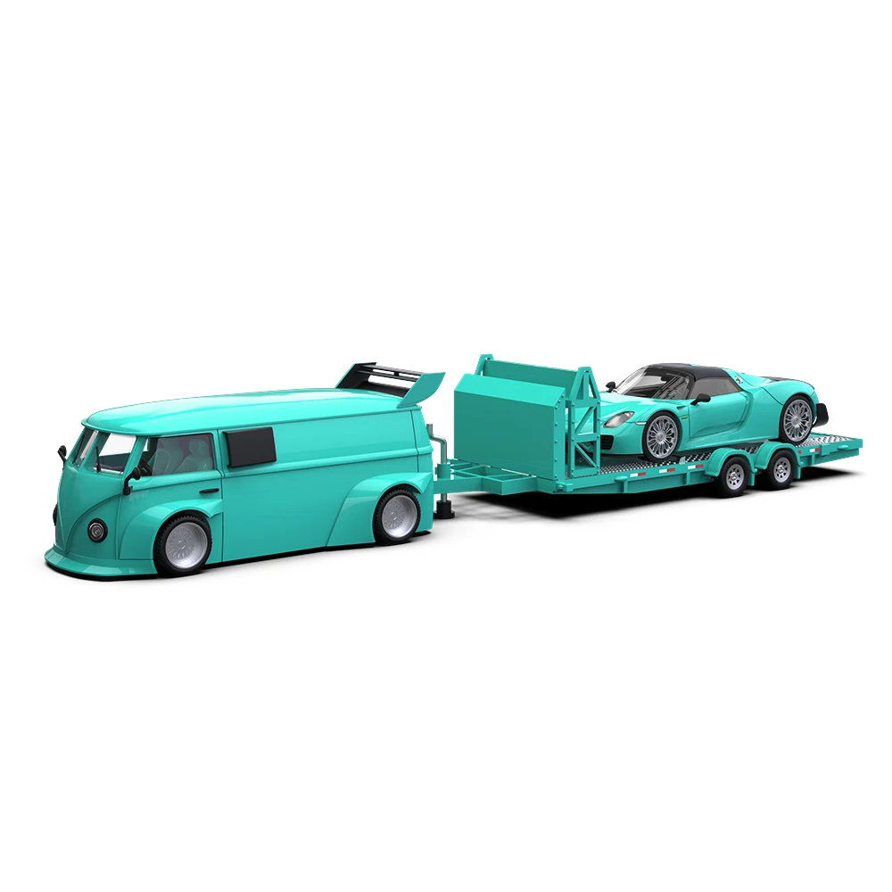 TimeMicro  1:64 T1 Van+918 Blue Painting Alloy Car Model, Trailer Set For Collection & Display & Gift