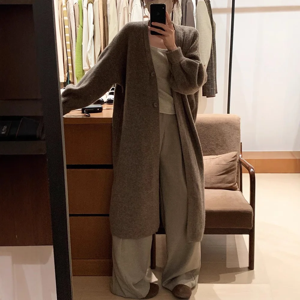 

Lazy Style Plus Size Knee Length Knitted Cardigan for Autumn and Winter 2025, New Thick Solid Color Loose Jacket