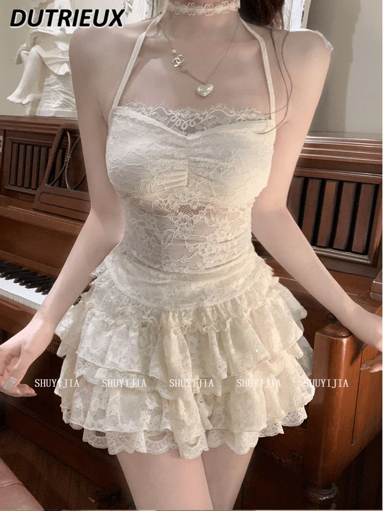 

Summer New Women's Waist Fluffy A-word Short Skirt Set Sweet Pink Long-sleeved T-shirt Inner Neck Suspenders Lace Crop Tops