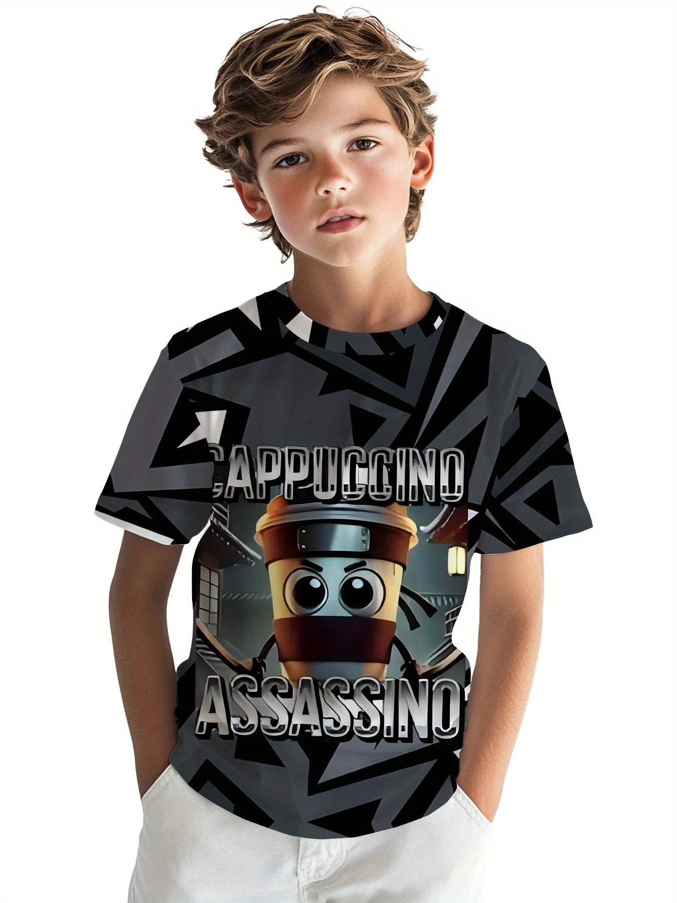 Boys Girls Casual T‑shirt, Funny Ninja Coffee Cup Cappuccino Assassino 3D Full Print Short Sleeve Crew Neck Summer Tee Tops