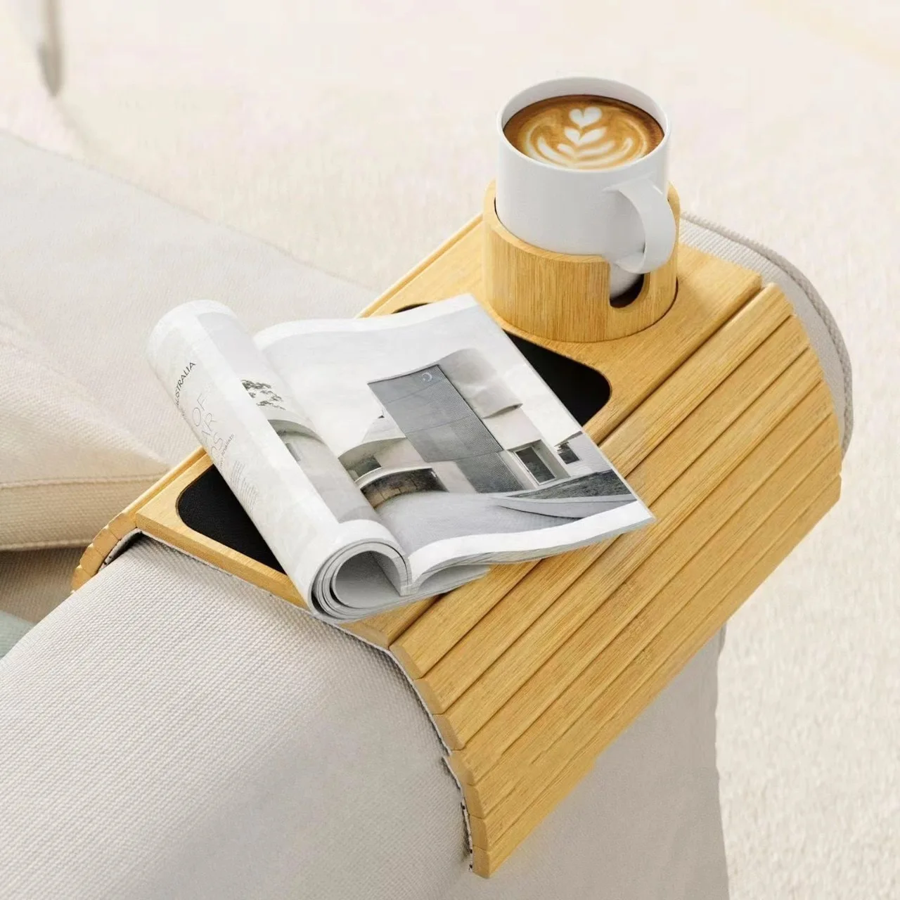 

Bamboo Couch Cup Holder Anti-Slip Sofa Armrest Tray Foldable Multifunctional Sofa Cup Holder for Remote Control Cups Snack