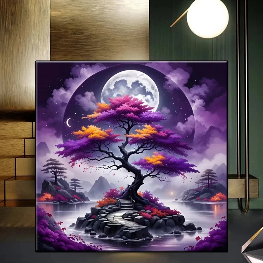 

Алмазная вышивка 5D: Картина «Сказочный пейзаж с цветами, луной и деревьями». Алмазная мозаика, вышивка крестом. Подарок для взрослых, декор для дома.