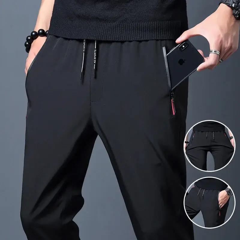 Calças casuais masculinas estiramento fino ajuste cintura elástica jogger coreano clássico azul preto cinza masculino marca calças plus size