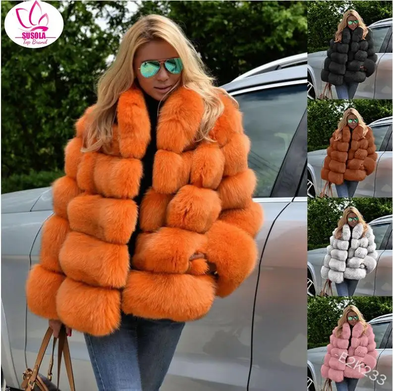 SUSOLA 2024 Winter New Fashion Women Faux Fur Coat Female Orange Elegant Fluffy Thick Warm Artificial Fox Fur Jacket Outerwear