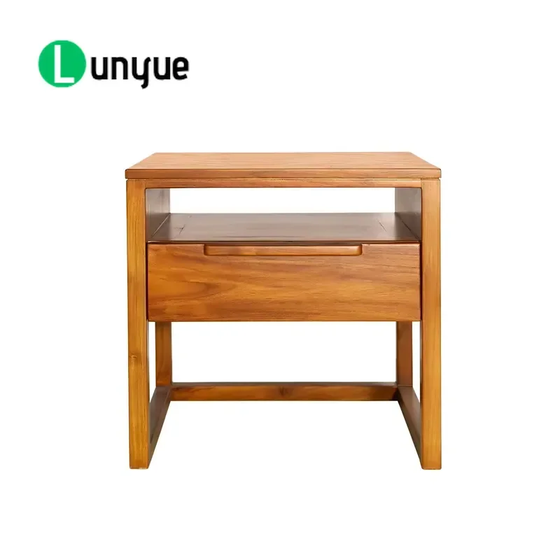 Modern Minimalist Teak Bedside Table with 1 Drawer and Compartment Chic Nightstand for Bedroom Furniture Storage