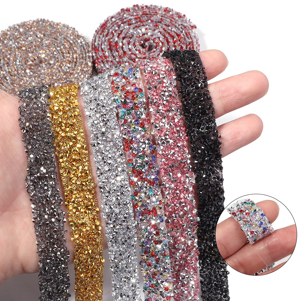 2Yards 12mm Self-Adhesive Resin Rhinestone Trim Glitter Crystal Diamond Tape Ribbon Sticker Belt DIY Crafts Hairpins Decoration