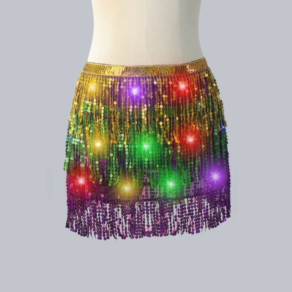 Bufanda de cadera para danza del vientre, cinturón brillante con cordones, bufanda iluminada para la cadera, accesorios de disfraces de danza del vientre con flecos de estrellas para Club nocturno