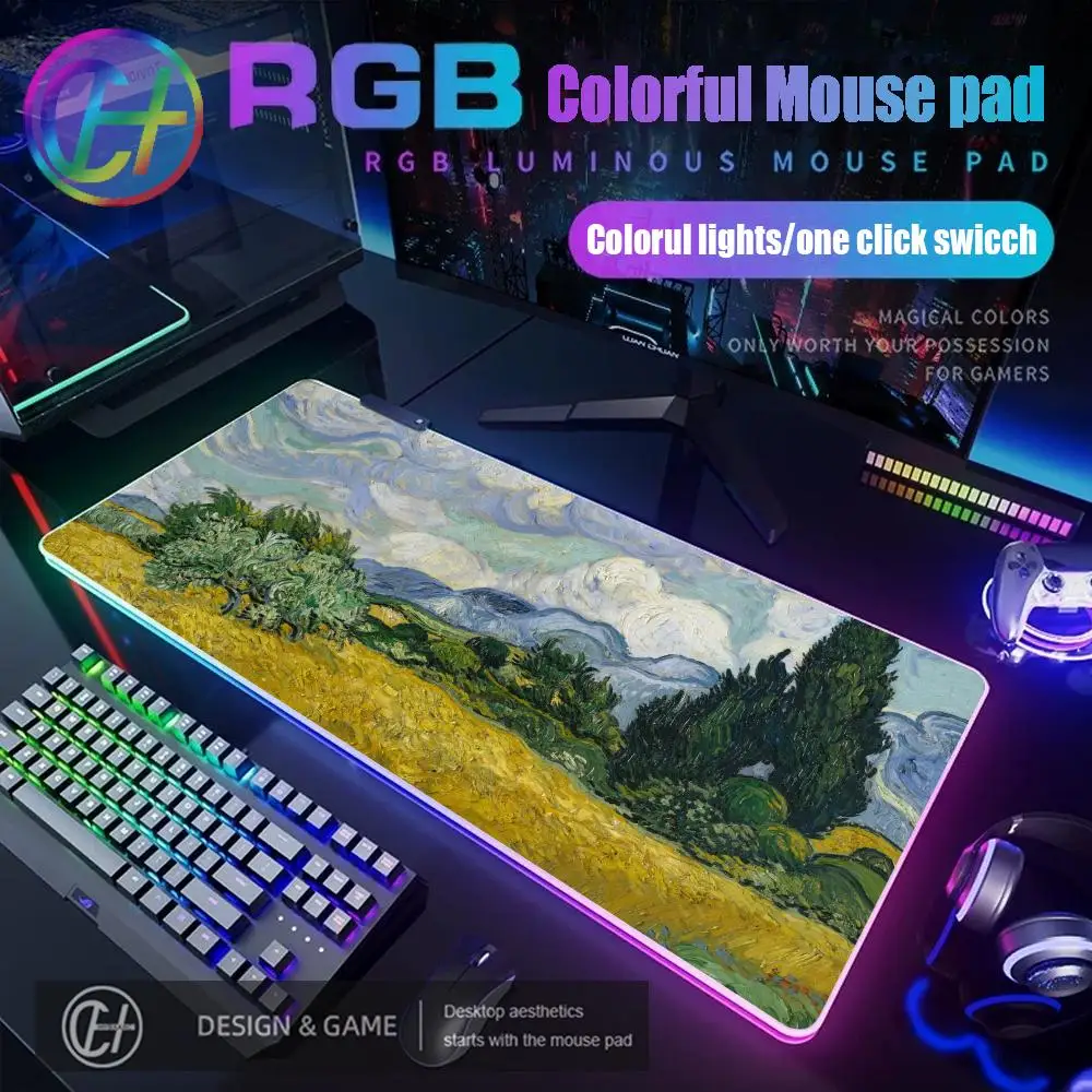 

2026 New HYBXAXC Van Gogh Gaming Mouse Pad RGB Gaming Mouse Pad Desk Mat HD Gamer Large LED Light XXL 900x400x3mm Mouse Pad