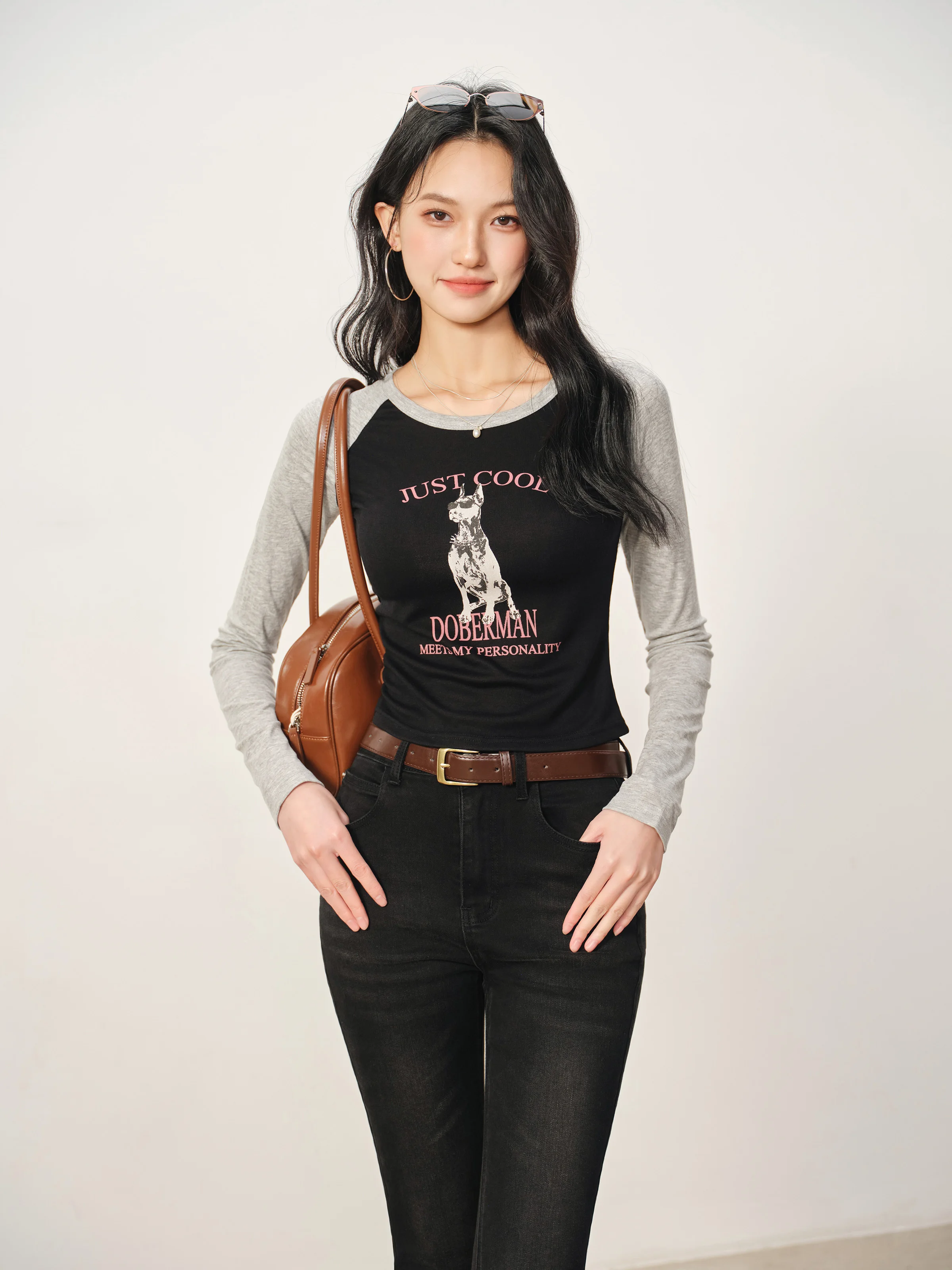 Colorblock Raglan Sleeve T-Shirt Women Fall Slim Fit Stretchy Lyocell Printed Top Casual Graphic Long Sleeve Tee Daily Outfits