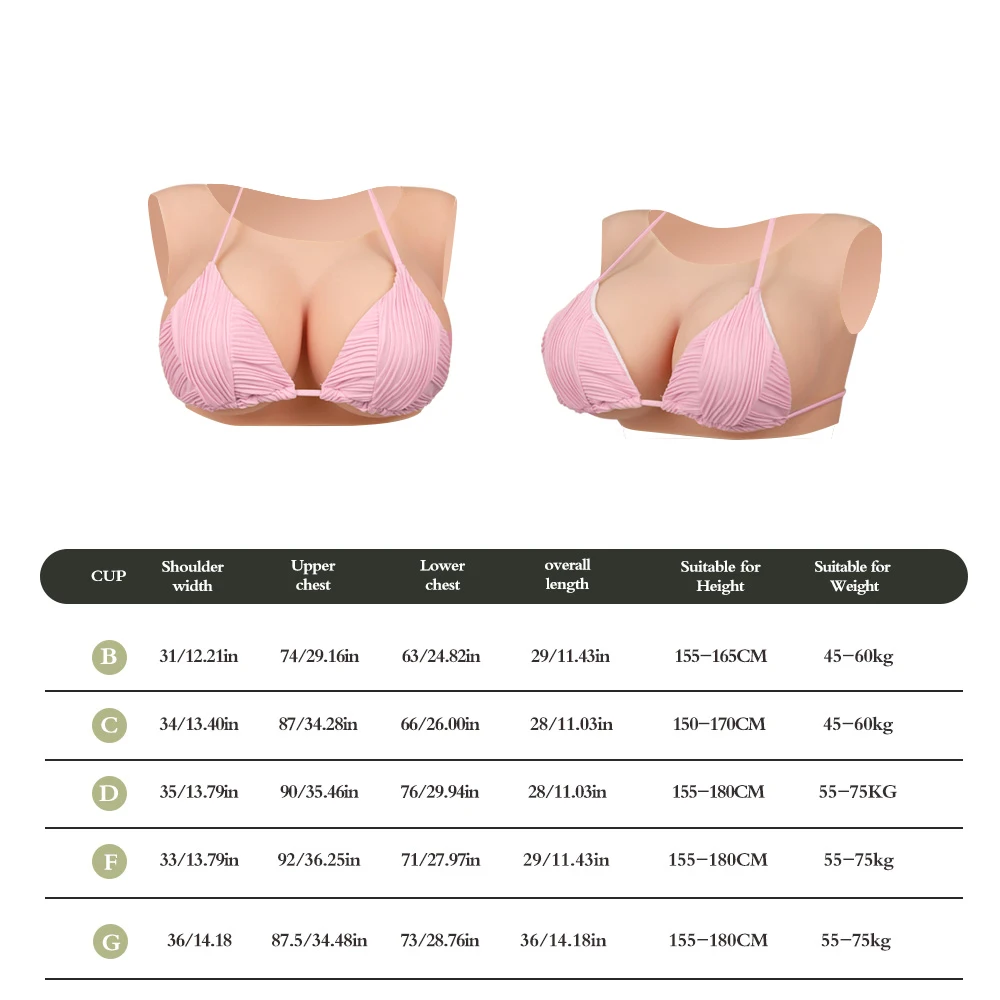 Low-neck Silicone Ultra-realistic Fake Breasts B/C/D/F/G Cup Sizes Breathable and Comfortable Suitable for Cross-D