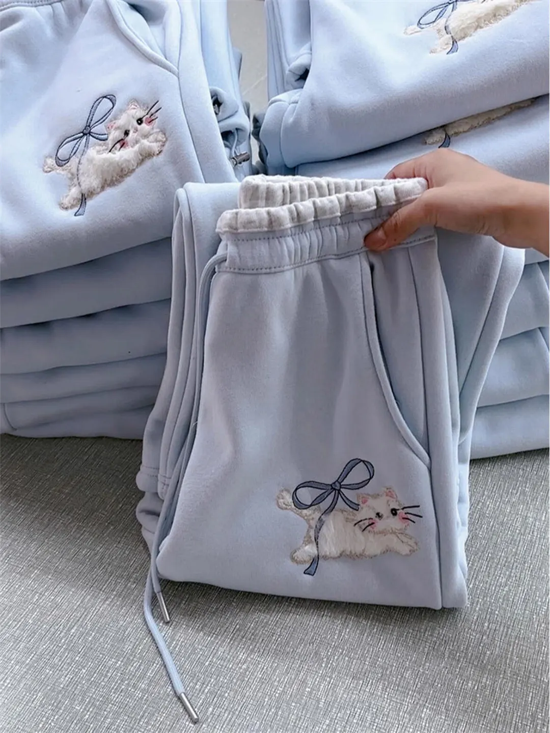 

Синие флисовые брюки прямого кроя с вышивкой в виде банта, повседневные, в пол, женские, с высокой талией и карманами