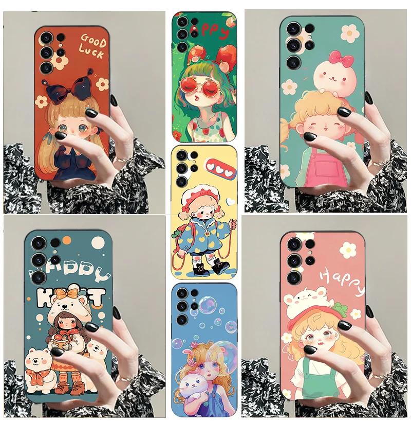 for Samsung F S21 Ultra 54 S 9 8 10E 15 35 42 23 M 52 55 04 4 5 G 34 A 82 32 13 53 14 TPU black soft phone cartoon girl series