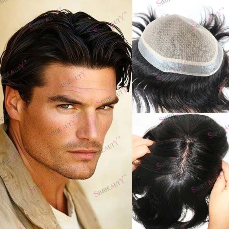 

Необнаружимые 30 мм волнистые шелковые топы, мужские парики из натуральных волос, дышащая шелковая основа, реалистичная естественная линия волос, мужской парик, черный парик