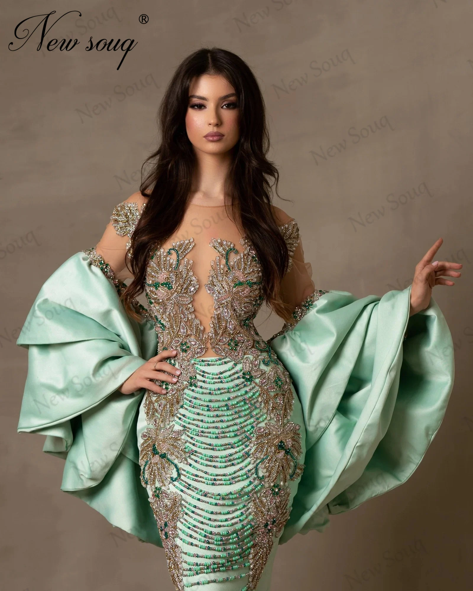 Exquisite Light Green Mermaid Celebrity Dresses With Jacket Heavy Beading Evening Dresses Arabic Dubai Crystals Party Gowns 2024