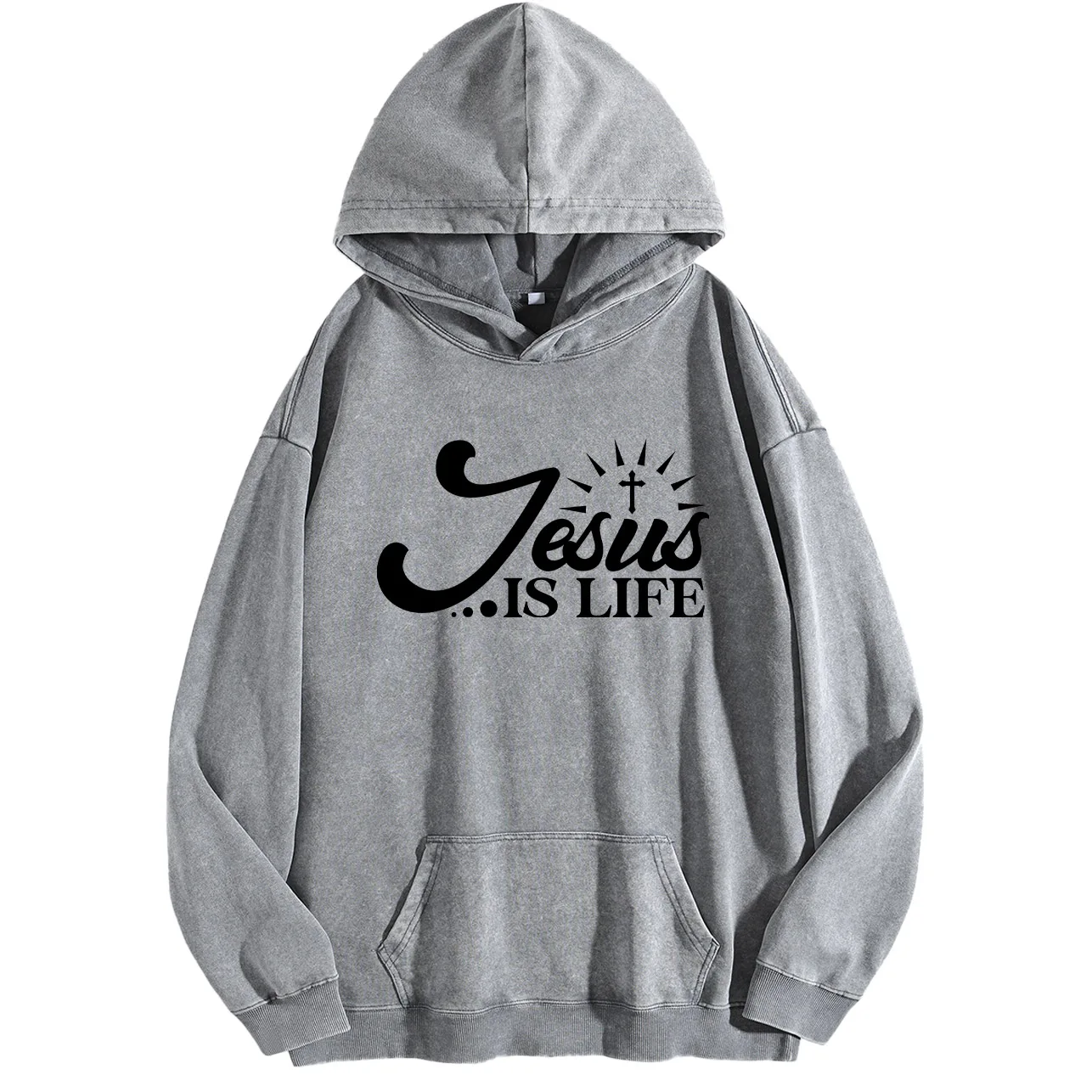 Jesus Is Life Sudadera con capucha con gráfico lavado vintage para hombre, jersey retro desgastado, sudadera informal de calle