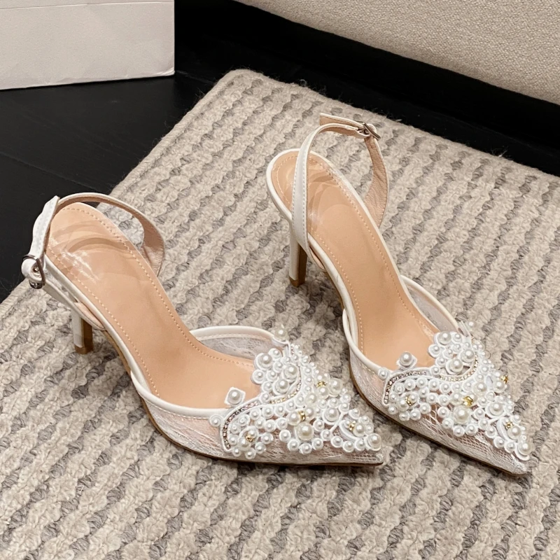 New Spring and Summer Women\'s High Heels Lace Front Package Pearl Pointed Stiletto Party Sandals Back Empty Single Shoes