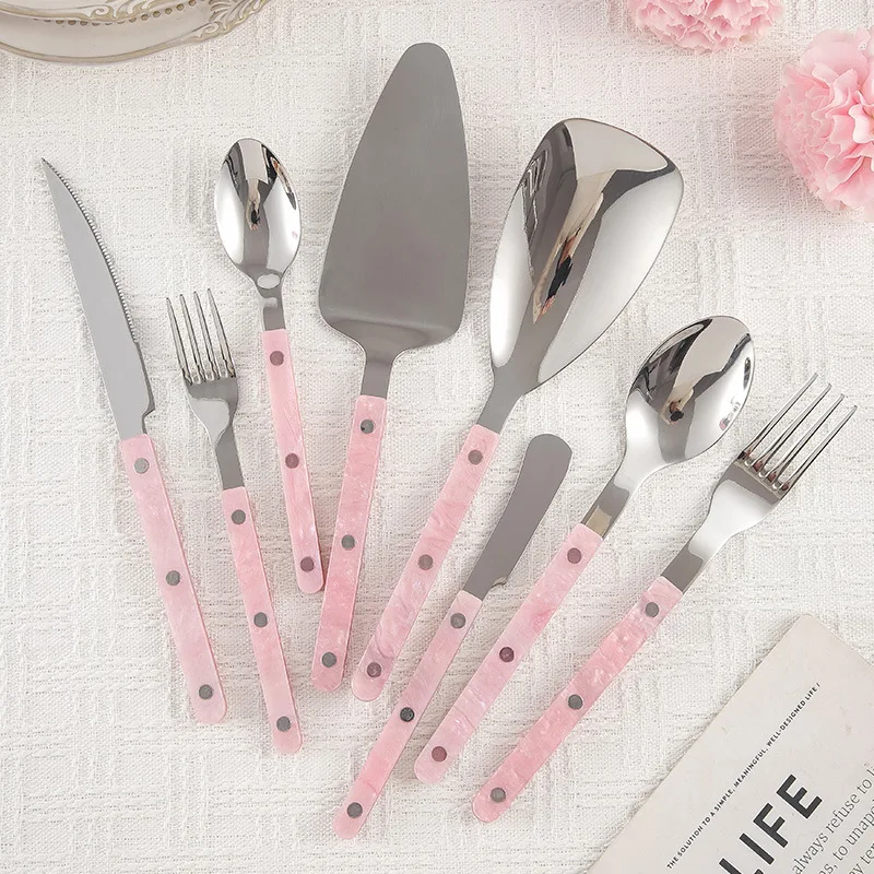 Pink Flow Colors Stanless Steel Cutlery Set Acrylic Clip Handle Spoons, Knifves and Forks French Tableware Pretty for Kitchen