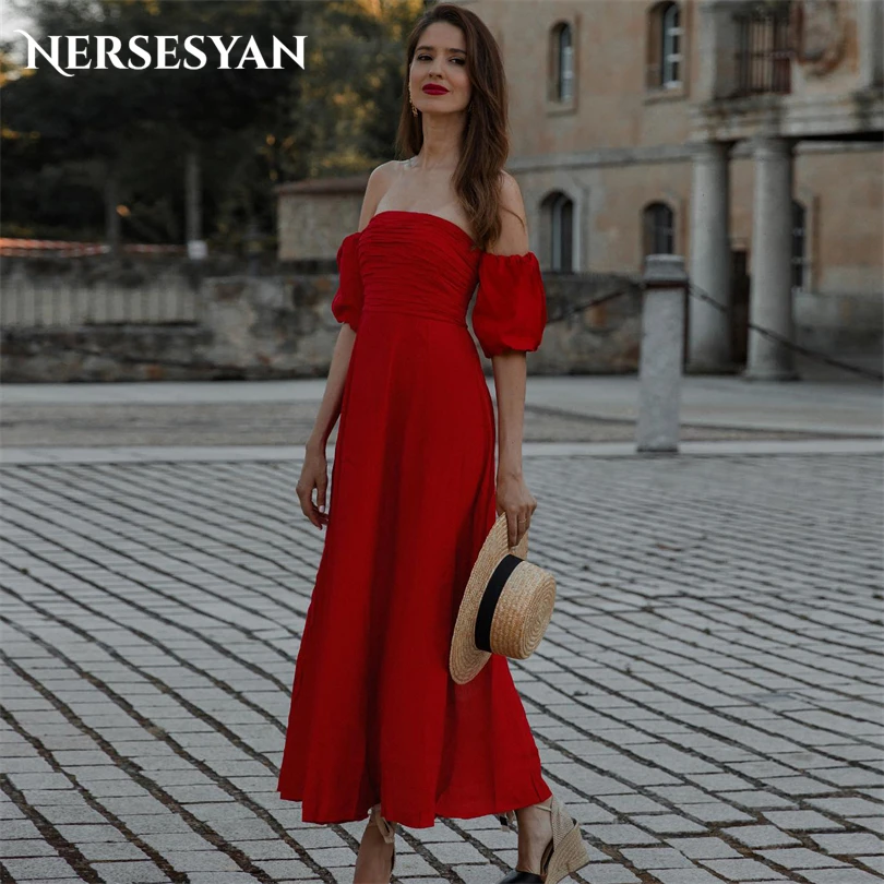 

Nersesyan Burgundy Off The Shoulder Formal Evening Dresses Satin Puff Sleeves Pleated Party Gowns A Line Draped 2023 Prom Gown