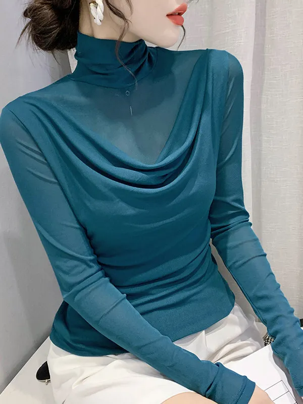 Elegant High Neck Mesh Base Shirt Long Sleeve T-Shirt Slimming Illusion Two-Piece Style Casual Fashion Autumn Trend for Women