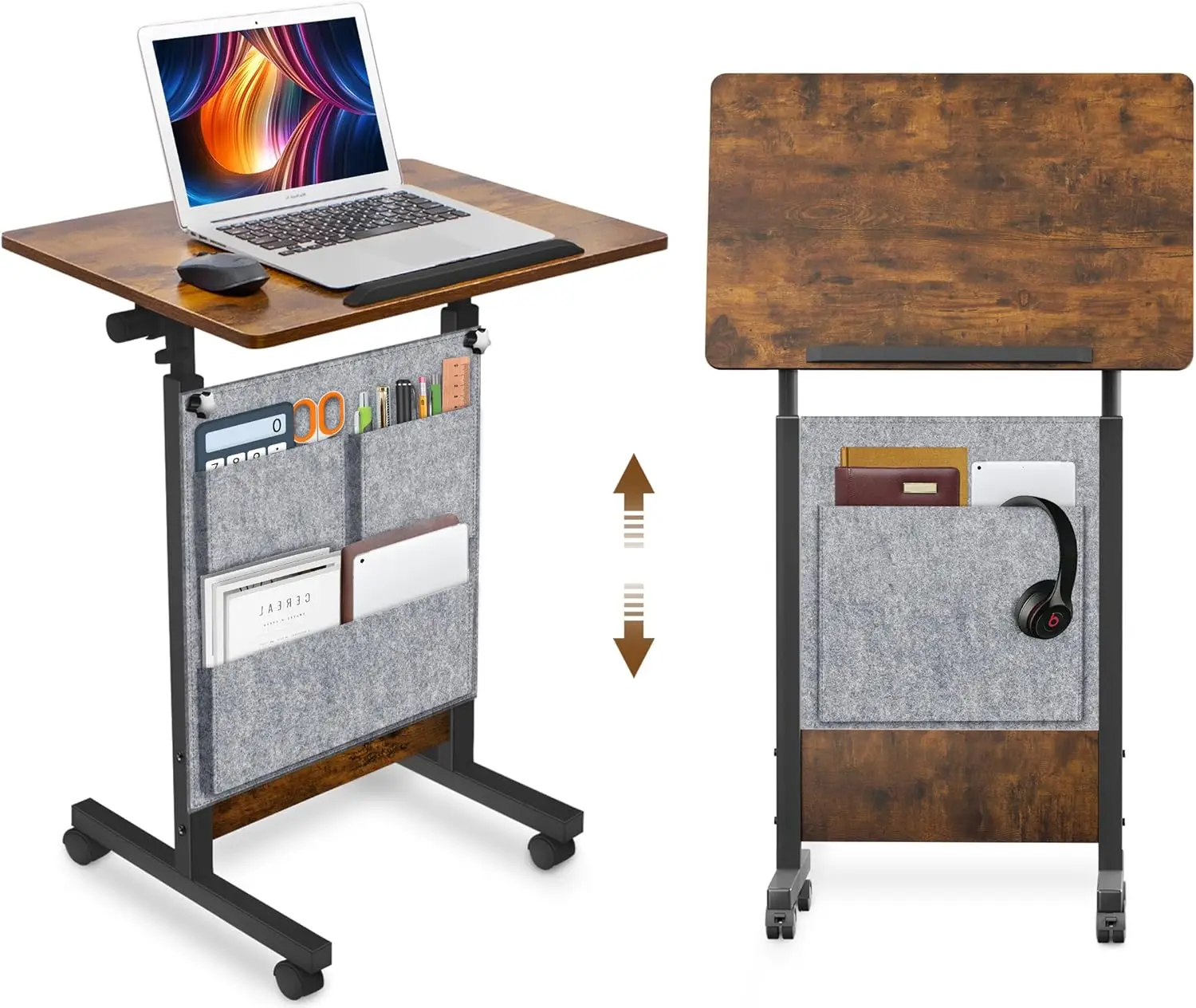 Adjustable Standing Desk with Wheels & Storage Bag, 16x24in Portable Laptop Table for Home Office, Rustic Brown
