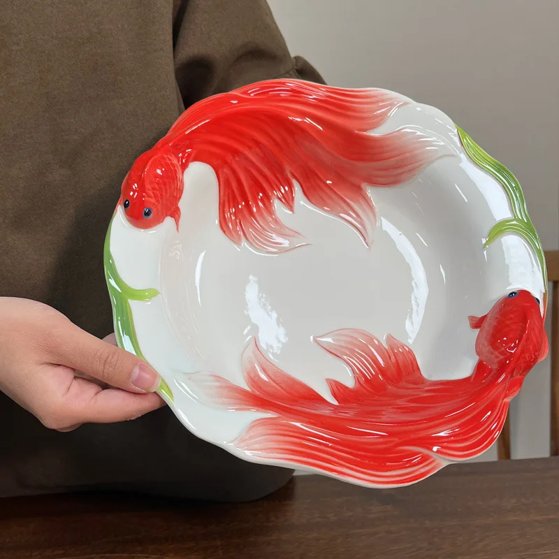 

3D Embossed Koi Fish Ceramic Dinnerware,Deep Plate,Bowl,Double Layer Serving Dish with Divider,Symbolizing Good Luck and Fortune