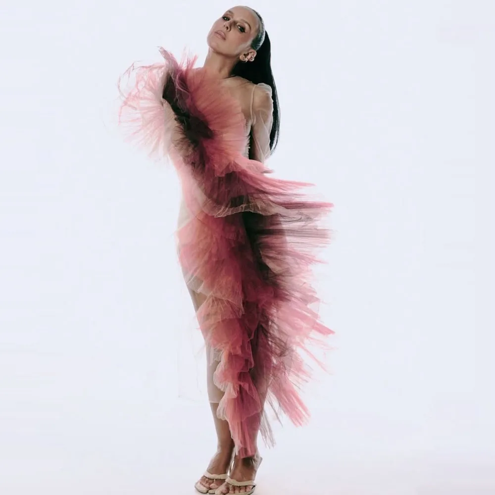 

Красочные женские платья до середины икры с длинными рукавами, тюлевые танцевальные платья с оборками, сексуальные платья для дня рождения и фотосессий