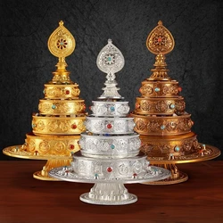 4 Layer Buddhist Manza ,Tantric Alloy Handicraft Eight Auspicious Tribute Buddhism Tray, Tibetan Altars Desktop Decorative,1Set