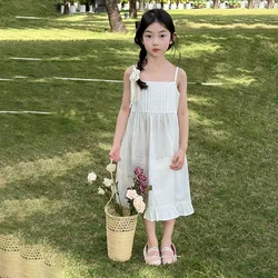 2024 New Kid's Summer Clothing Girls Solid Suspenders Dress Hollow-out Flower Base Blouse Children's Beach Wear