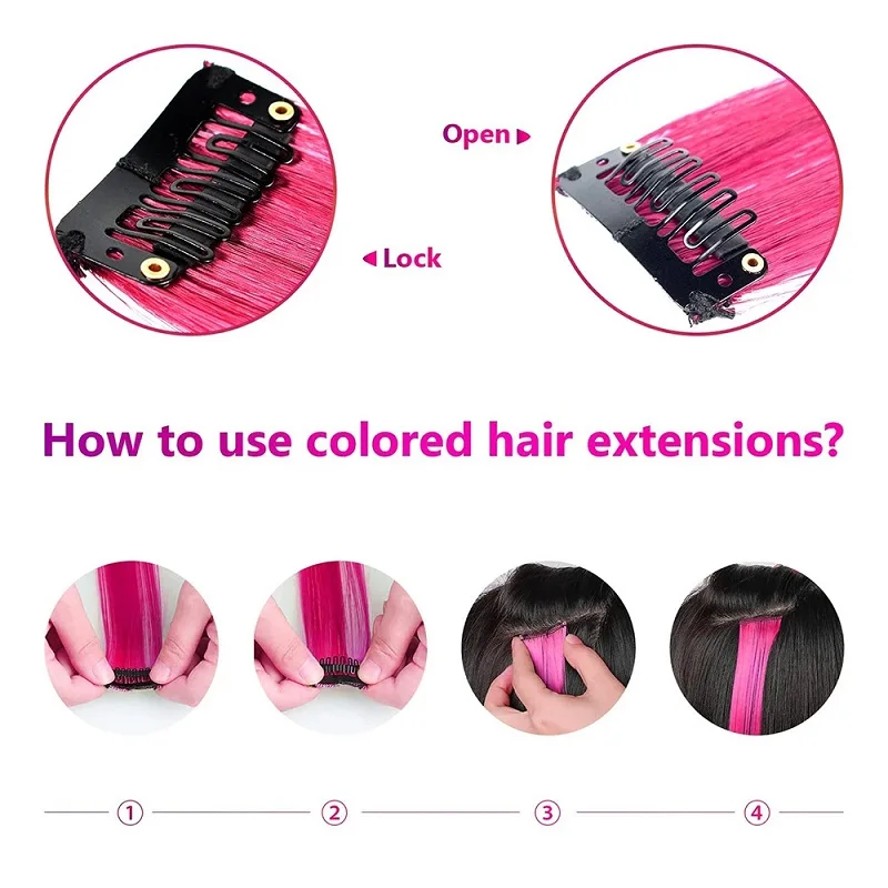 Extensiones de cabello sintético largas y rectas con clip de 22 pulgadas, postizos de alta temperatura, colores arcoíris, accesorios para mujer 4