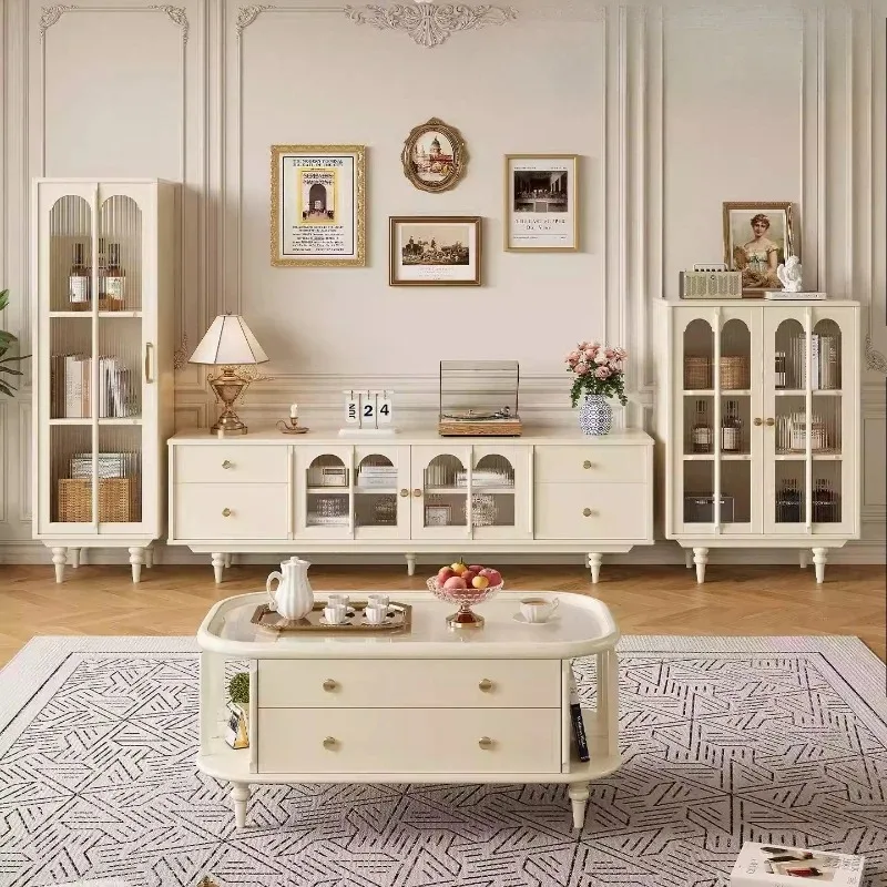 

style all solid wood TV cabinet combination living room against the wall storage locker American white storage coffee table