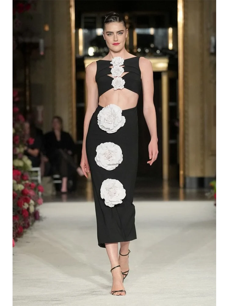 

Sexy Tank 3D Flower Hollow Out Bandage Dress Women Black Sleeveless Floral Bodycon Midi Dresses Evening Cocktail Party Gowns