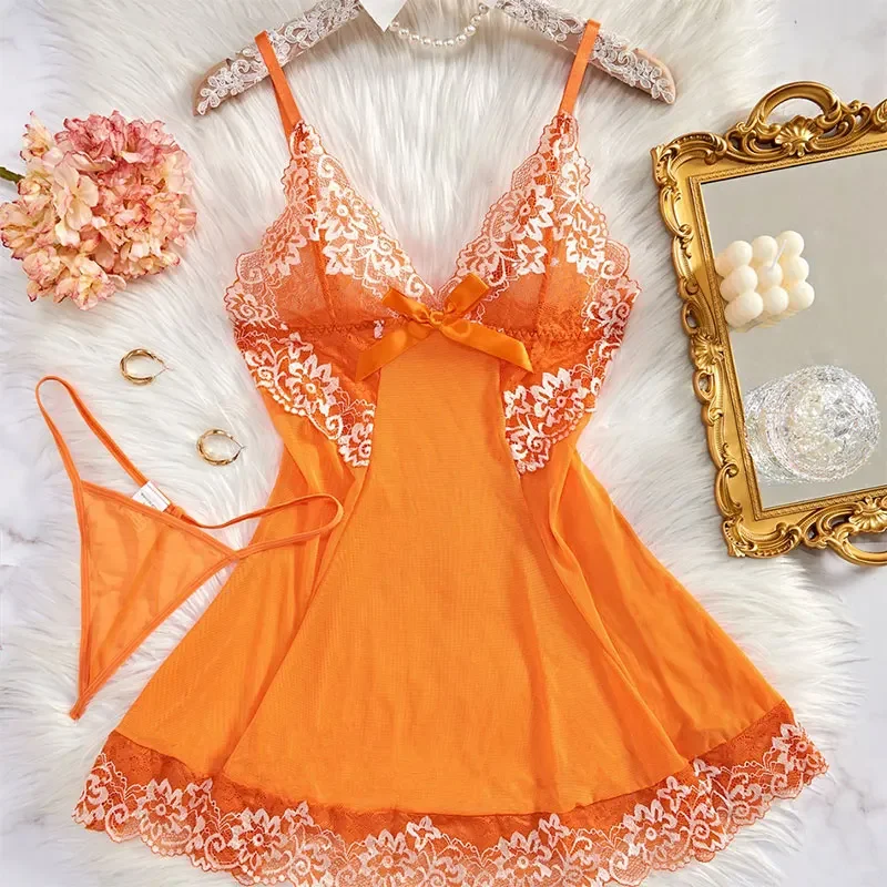 Sexy Nightgown Set Women Dress Sling Sleepwear Elegant Costume Embroidered Dresses Bright Color Pajama Set With Thongs Baby Doll