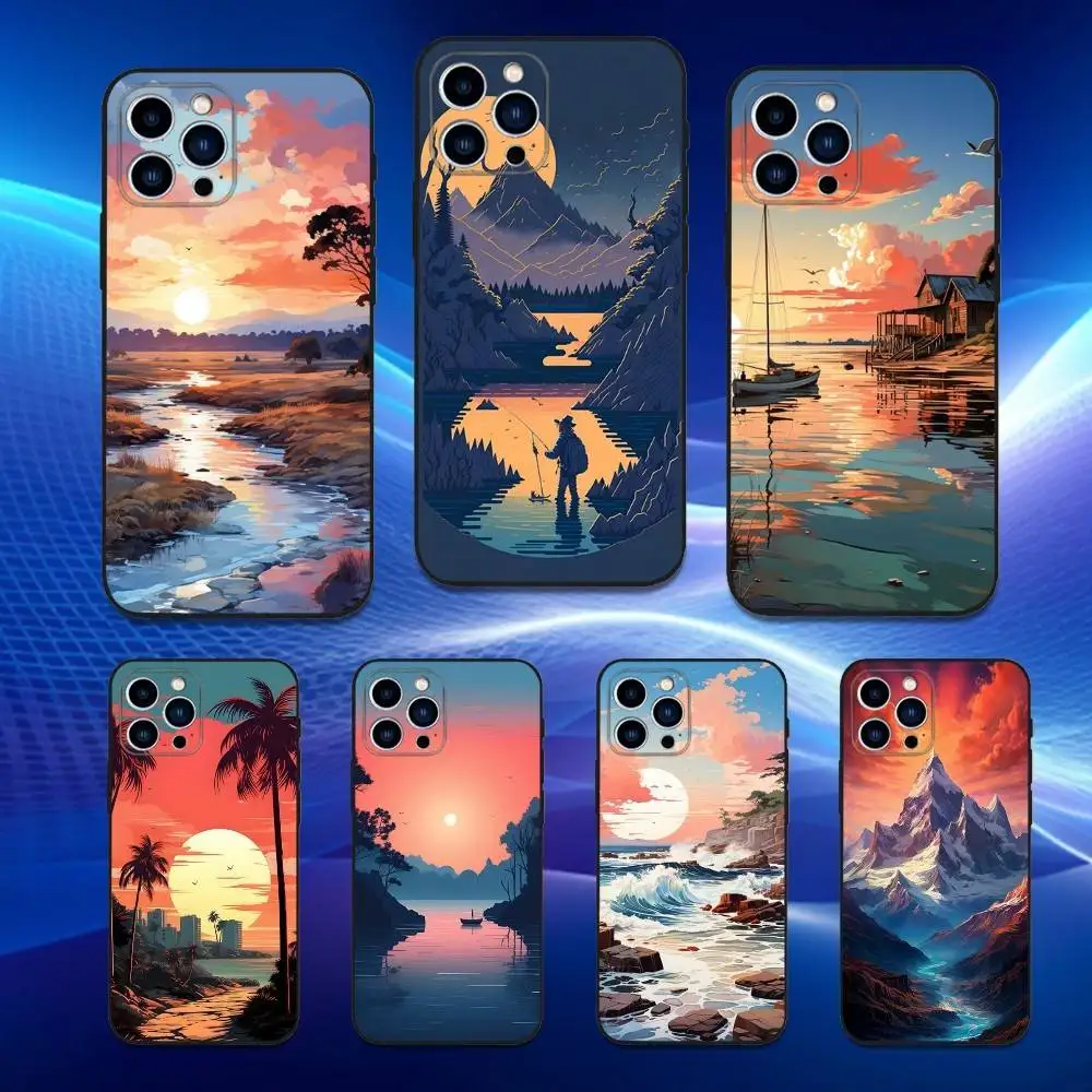

Art Cartoon River Phone Case For iPhone 16,15,14,13,12,11 Plus,Pro Max,XS,X,XR,SE,Mini,8,7,Soft Silicone Black Cover