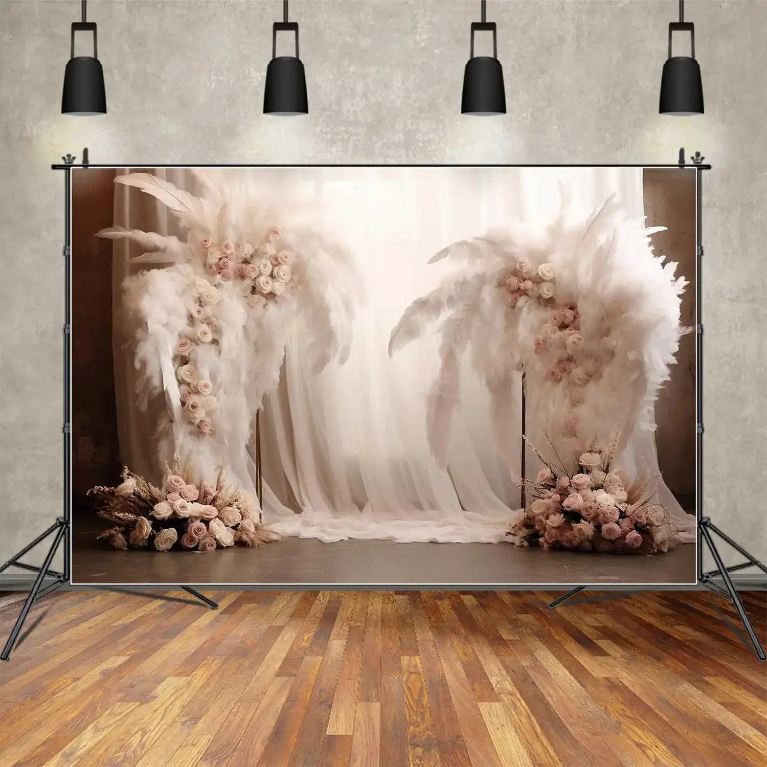 

MOON.QG Backdrop 25th 50th Wedding Draping Fabric Feather Plume Background for Photoshoot White Curtain Pink Flowers Decorations