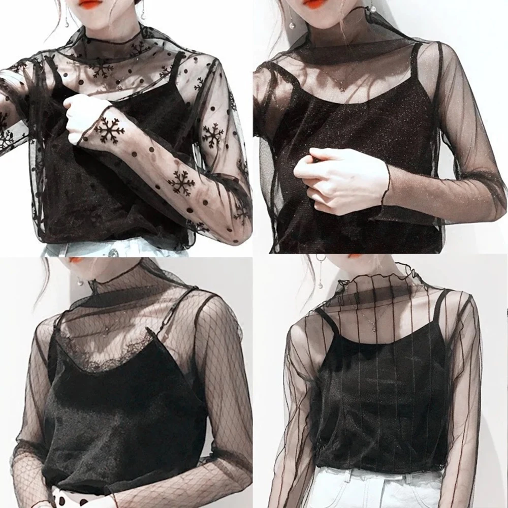 Hot Sale! Black Sexy Mesh Lace Women Tops Tees Tunic T-Shirt Y2k Style See Through Long Sleeve Summer Bottoming Shirt Blouse Top