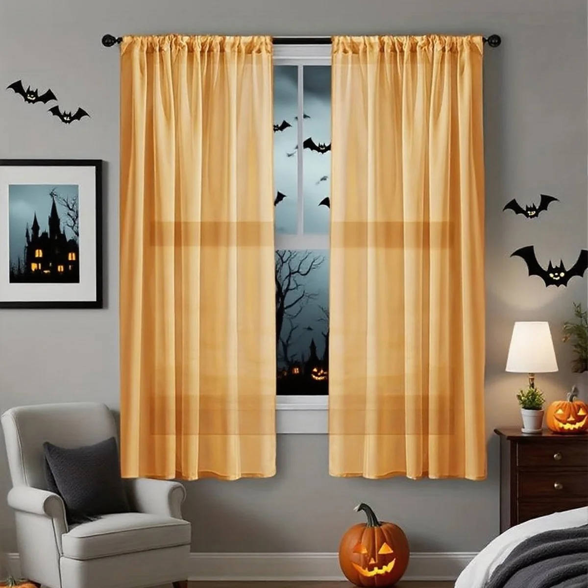 Halloween Ghost Day Holiday Celebration Decoration Orange Black Gauze Threaded Bar Curtain Sheet for Living Room Bedroom Window view 6