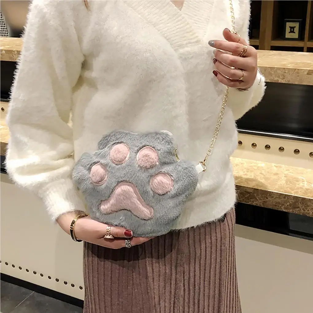 Cute Animal  Girls Plush Bear Paw Chain Bag Winter Warm Plush  Shoulder Bag Fashion Women Crossbody Bag Pillow Bag