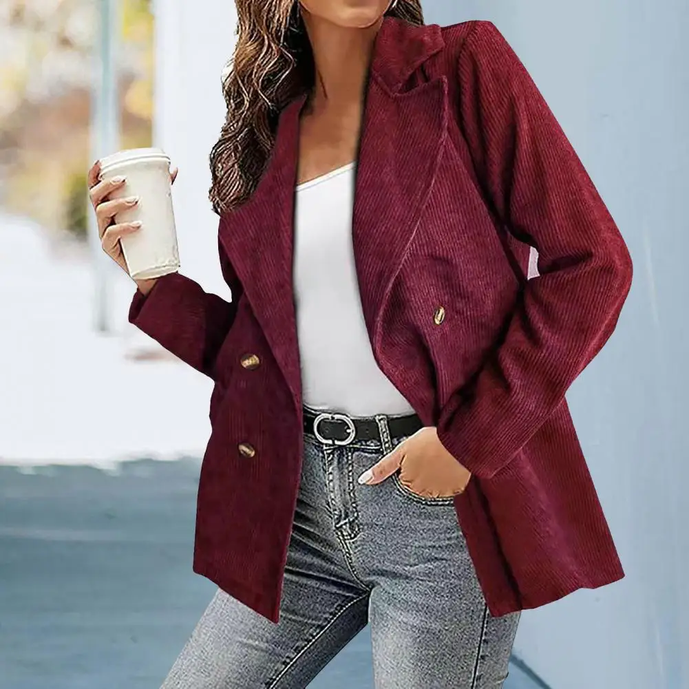 Women Autumn Blazer Solid Color Loose Long Sleeves Cardigan Double-breasted Lady Blazer Formal Business Winter Corduroy Coat