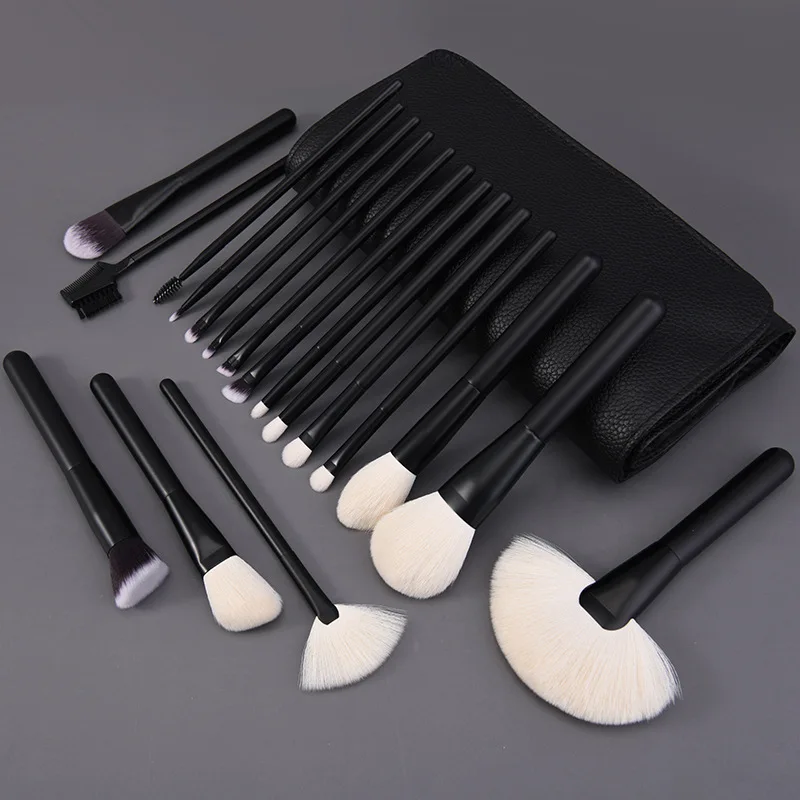 Juego de 18 Brochas de Maquillaje de Pelo Natural, Brochas Cosméticas de Lana Animal para Difuminar Sombra de Ojos y Base, Kit de Herramientas de Belleza Ecológicas