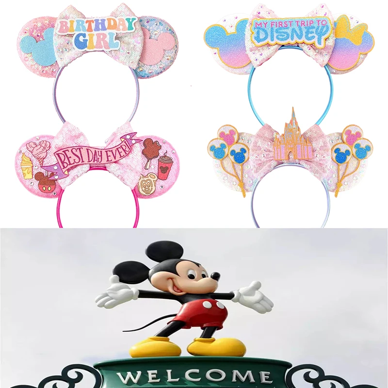 Disney Minnie Mouse Hair Bands Girls Mickey Sequins Bow Head Bands Kids Disneyland Headwear Women Fairy Castle Hair Accessories