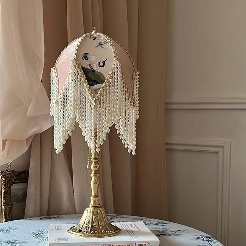 Lampshade With Beads Luxury Retro Chinese Crane Jacquard Exquisite Lamp Cover For Table Light 20CM Soft Pink French Decoration